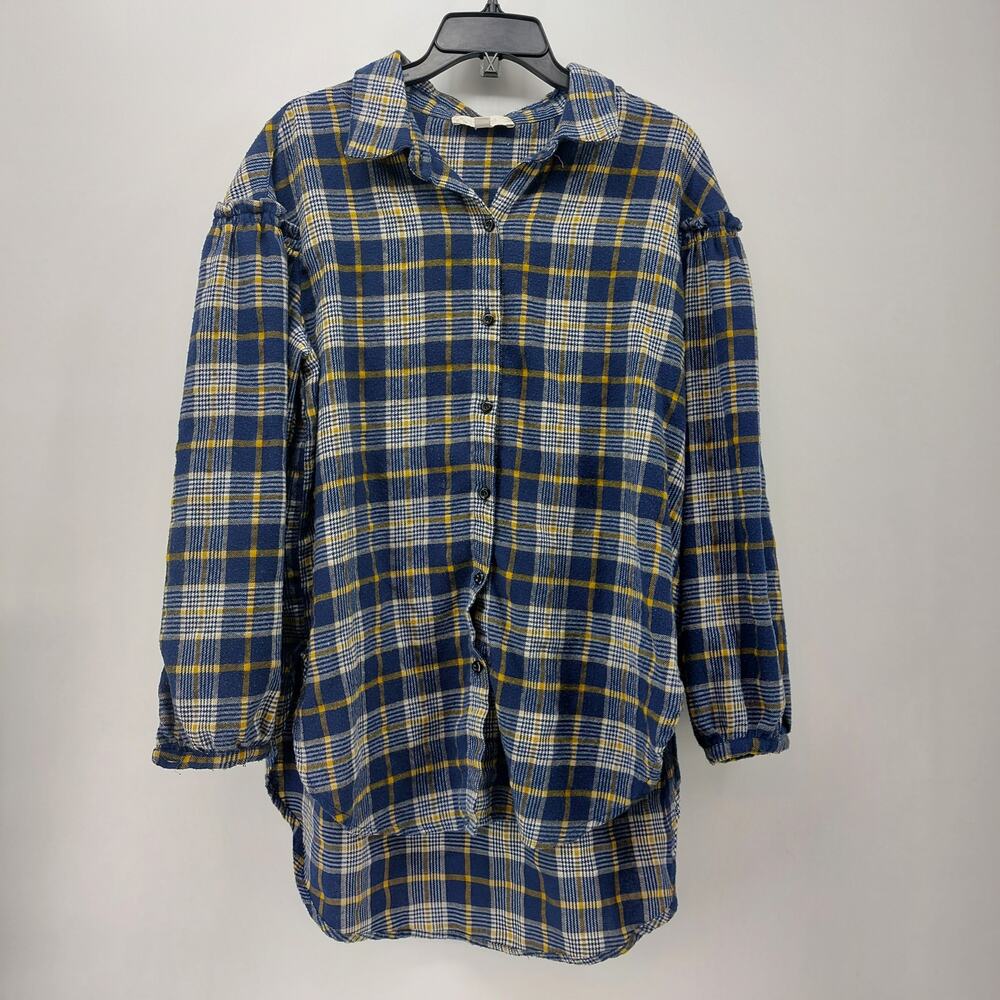 Weekend Suzanne Betro Navy Blue Yellow Flannel Ruffled Hi Low Shirt XL